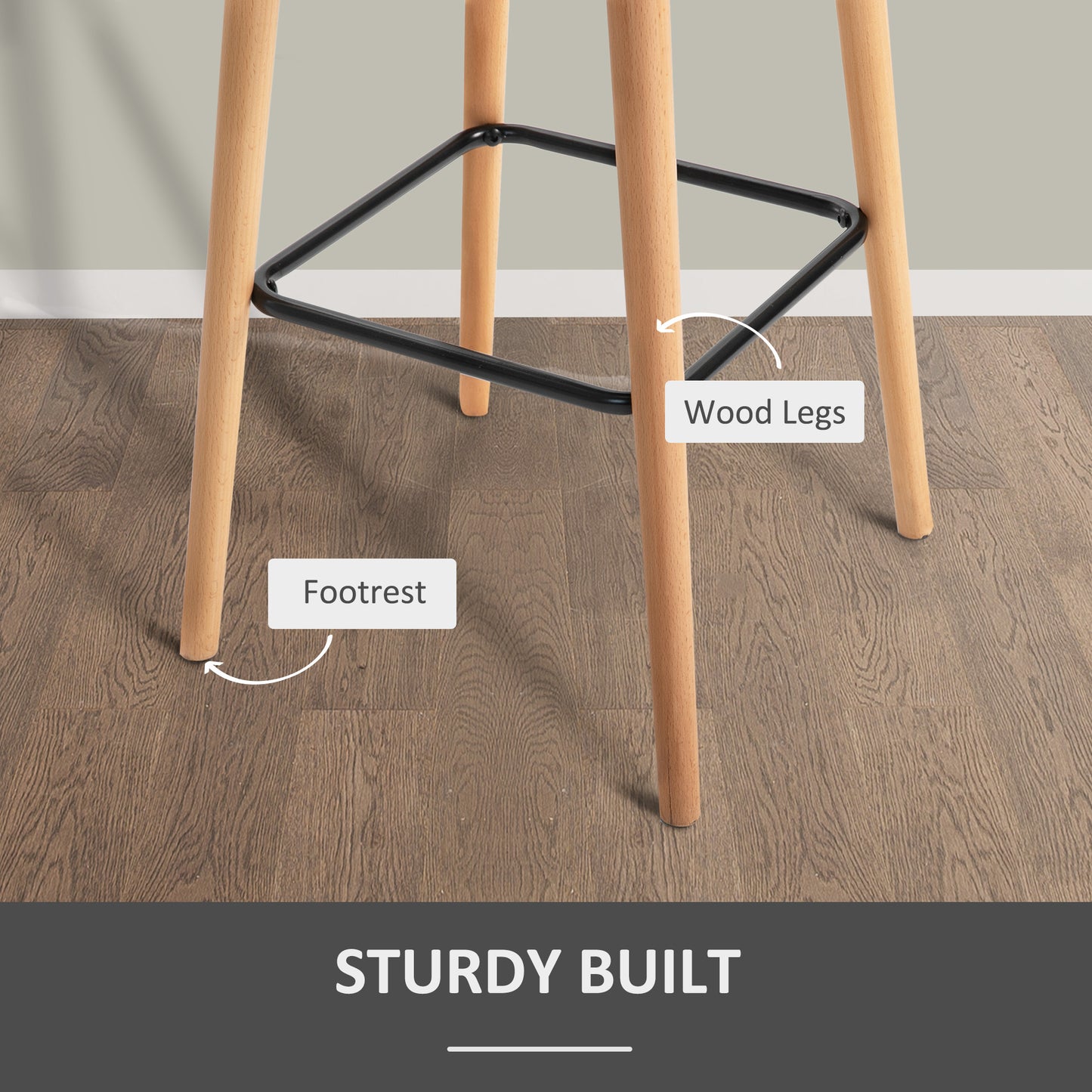 HOMCOM Set of 2 Bar Stools Modern Upholstered Seat Bar Chairs with Metal Frame, Solid Wood Legs Living Room Dining Room Fabric Furniture - Beige