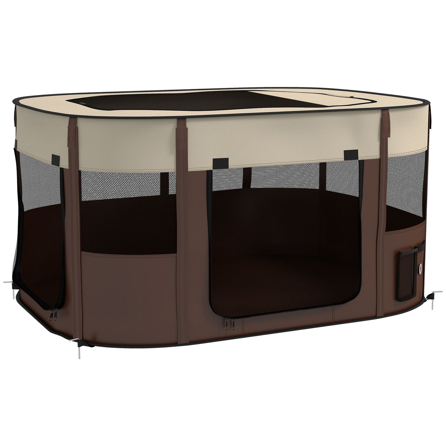 Photo of PawHut Foldable Dog Pen with Storage Bag for Indoor/Outdoor Use, Portable Pet playpen, with Ground Stakes - Brown in Brown colour on a white background