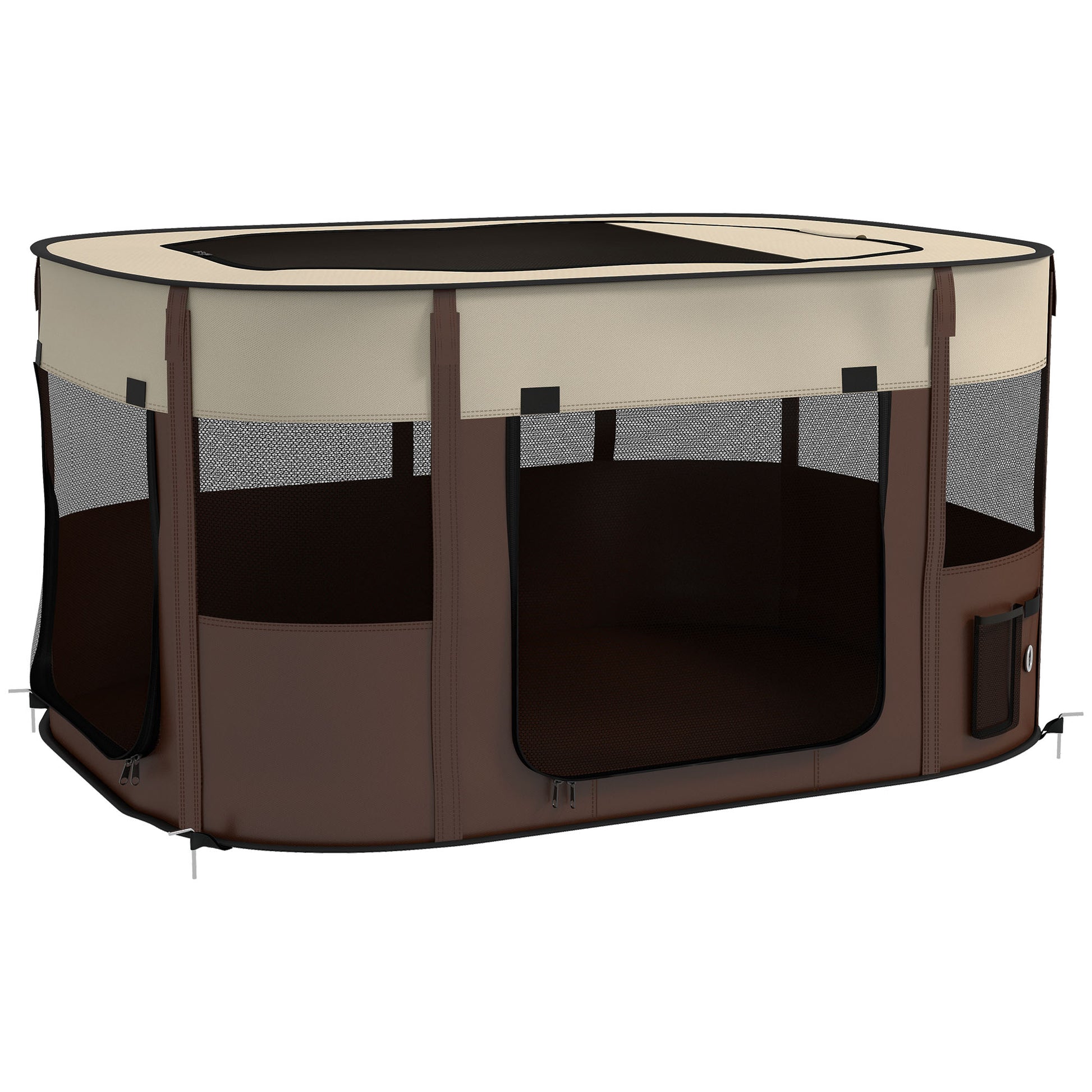 Photo of PawHut Foldable Dog Pen with Storage Bag for Indoor/Outdoor Use, Portable Pet playpen, with Ground Stakes - Brown in Brown colour on a white background