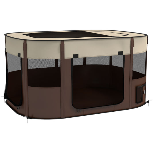 Photo of PawHut Foldable Dog Pen with Storage Bag for Indoor/Outdoor Use, Portable Pet playpen, with Ground Stakes - Brown in Brown colour on a white background