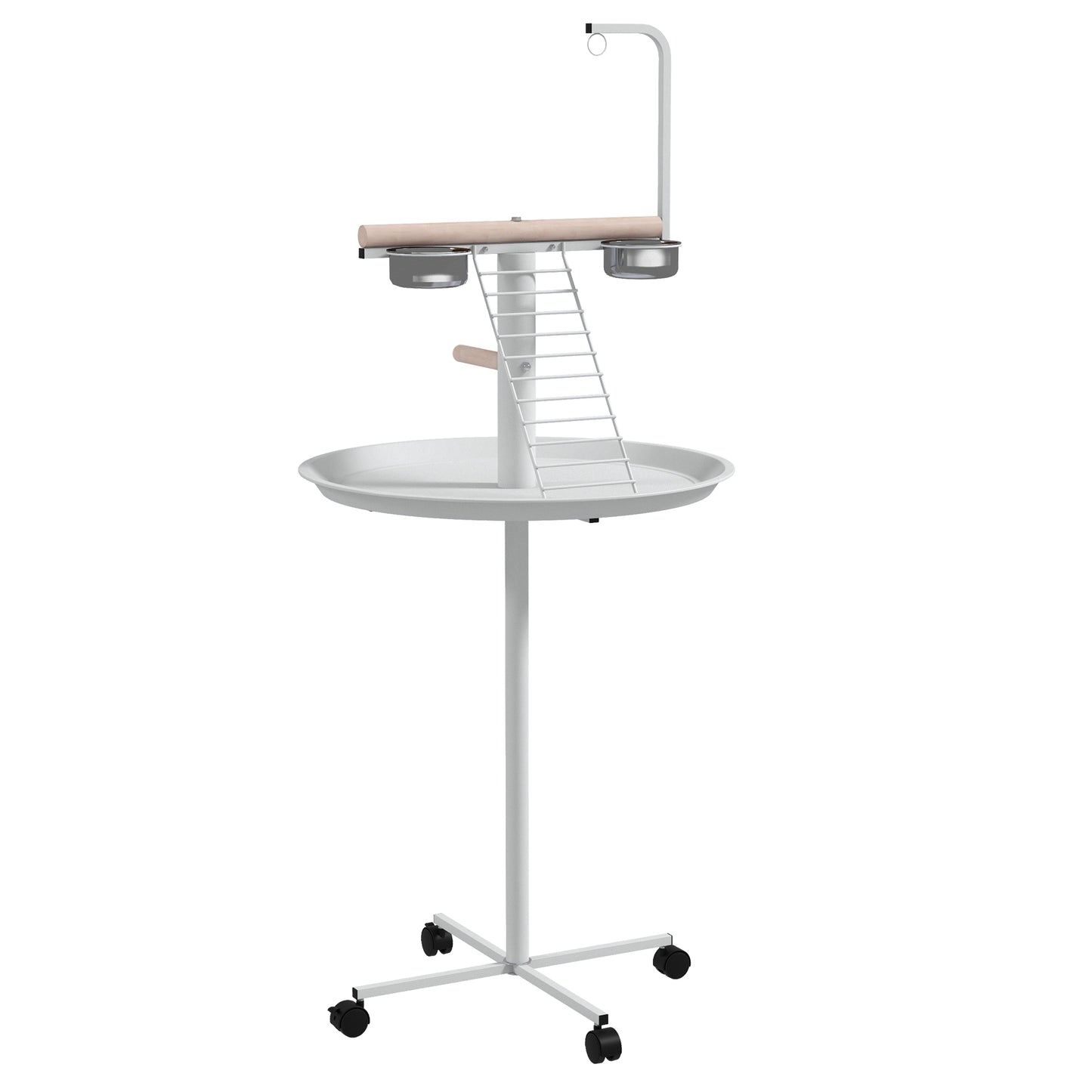 Photo of PawHut Bird Stand with Four Wheels, Perches, Stainless Steel Feed Bowls, Round Tray, for Garden, Indoor, Outdoor - White in White colour on a white background