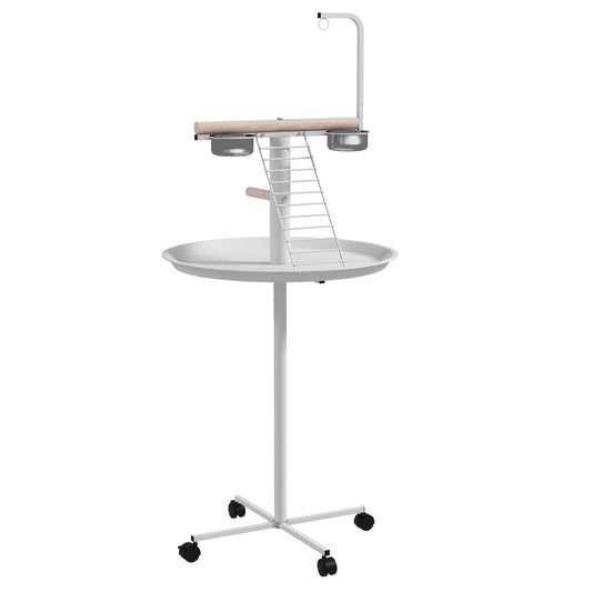 Photo of PawHut Bird Stand with Four Wheels, Perches, Stainless Steel Feed Bowls, Round Tray, for Garden, Indoor, Outdoor - White in White colour on a white background