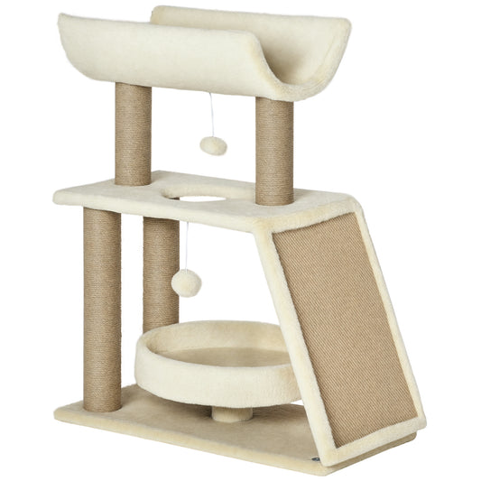 PawHut light brown cat tree with two plush resting areas, sisal posts, scratch pad and hanging toys