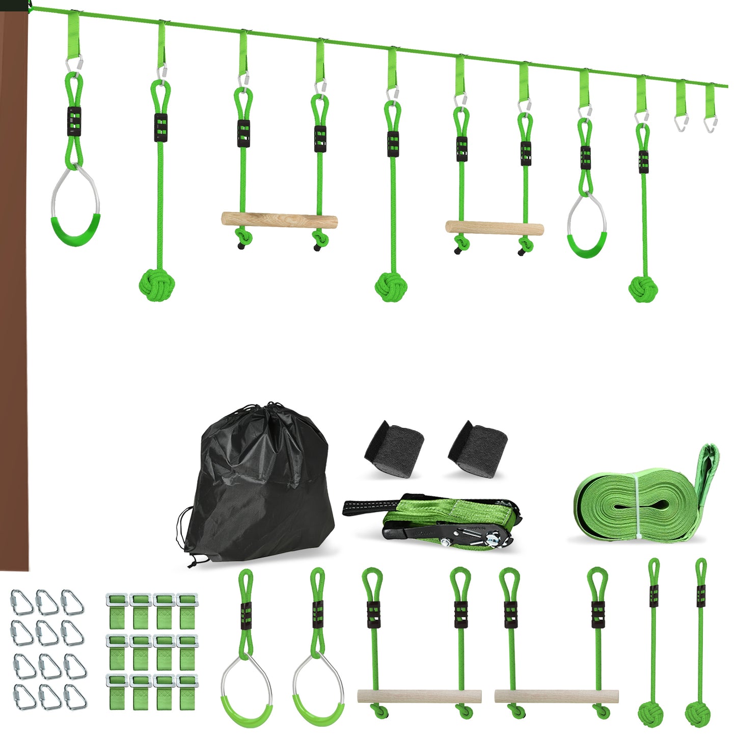 Photo of AIYAPLAY 7-Piece Kids Zip Line Kit for Garden, 10m Kids Slackline Kit with Wooden Monkey Bars, Metal Rings, Gripping Balls, Green in Green colour on a white background