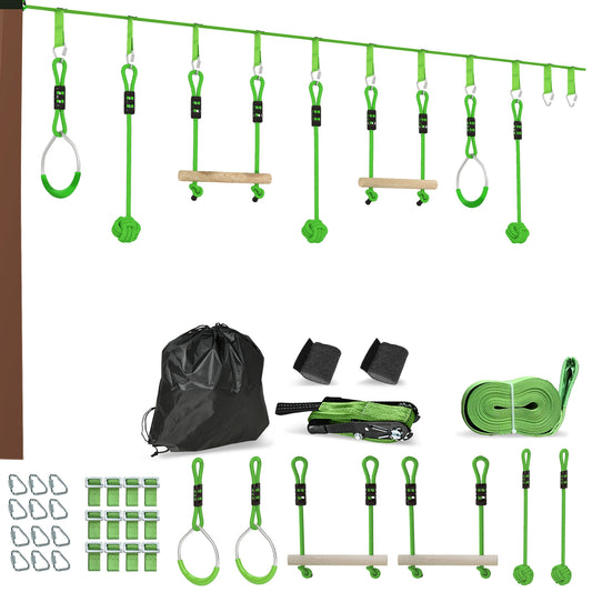Photo of AIYAPLAY 7-Piece Kids Zip Line Kit for Garden, 10m Kids Slackline Kit with Wooden Monkey Bars, Metal Rings, Gripping Balls, Green in Green colour on a white background