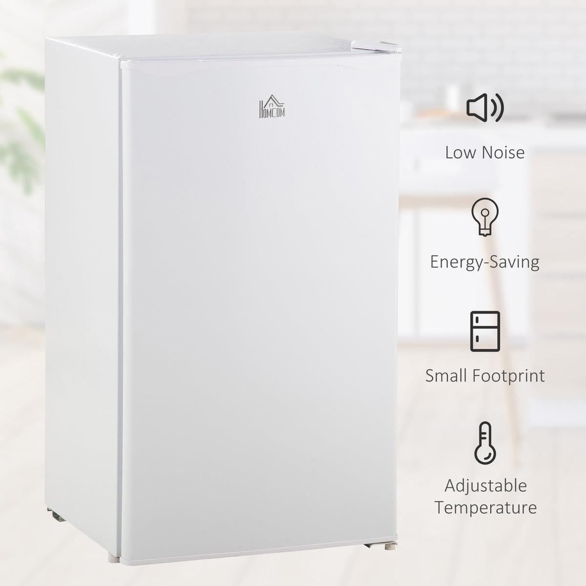 White compact fridge with a single door and adjustable temperature control.