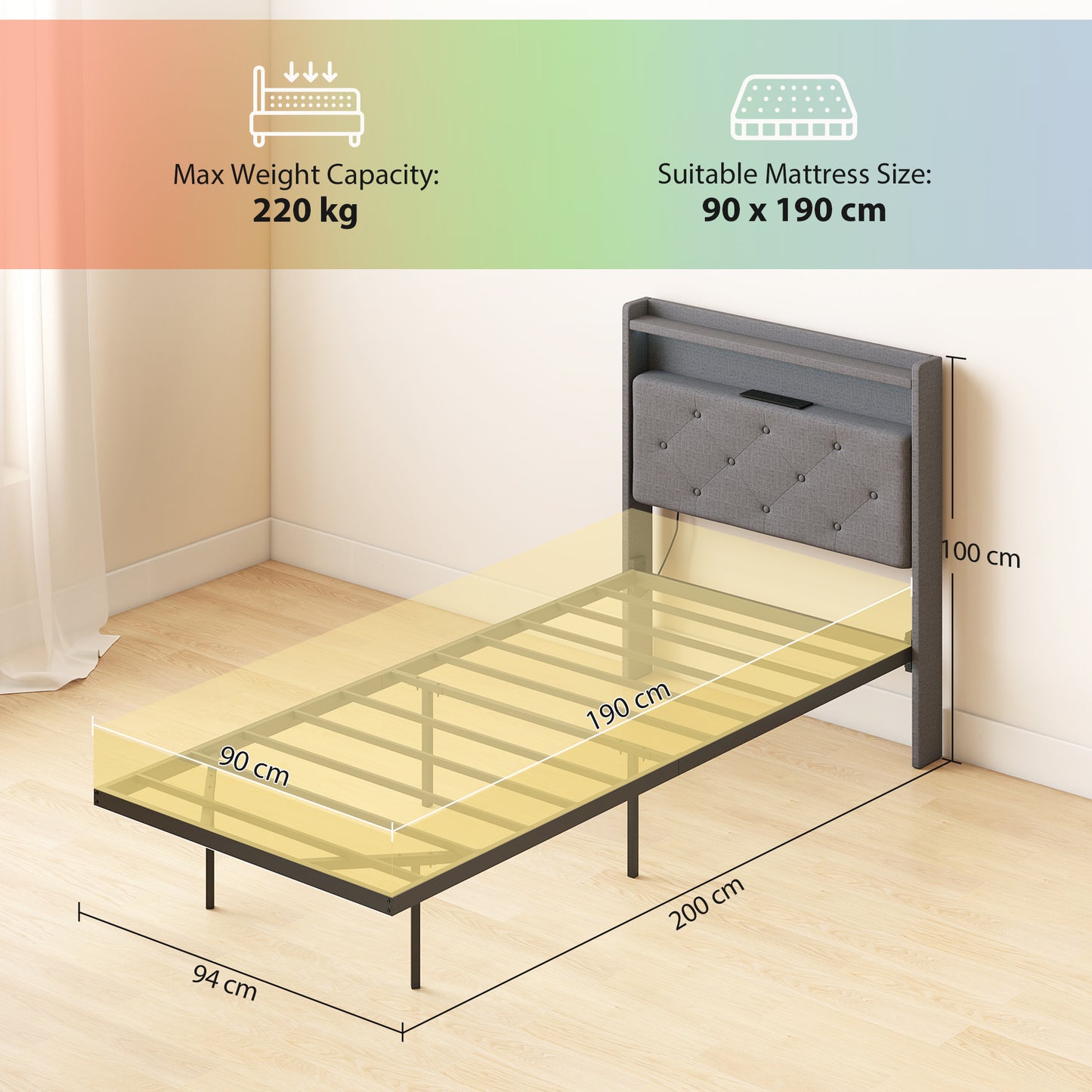 HOMCOM Floating Bed Frame, Upholstered 3ft Single Size Bed, Platform Bed with RGB LED Lights and Charging Station, Grey