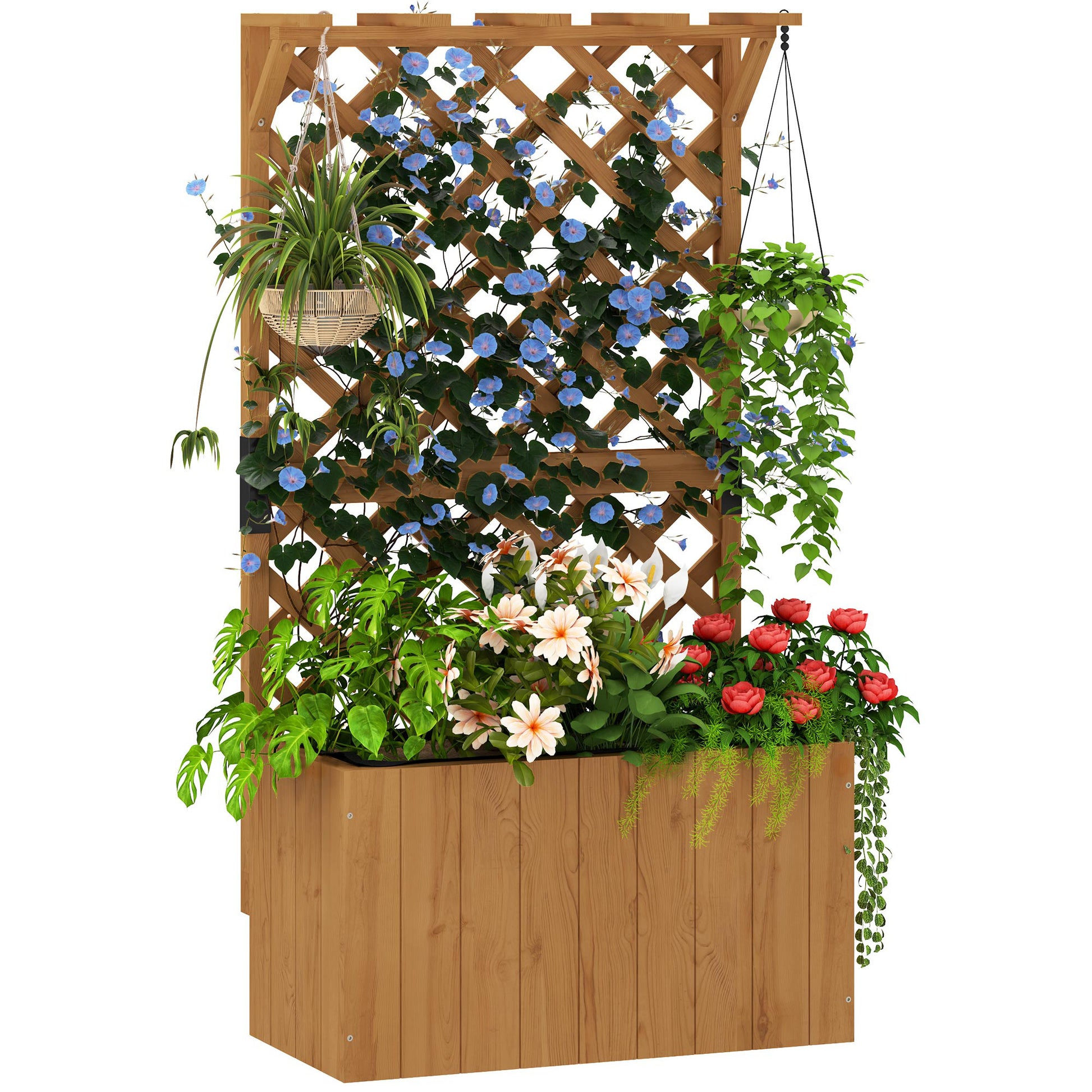 Photo of Outsunny Wooden Planter with Trellis, Freestanding Raised Garden Bed with Drainage Holes, Outdoor Planter Box with Liner for Vegetables, Herbs and Flowers, Natural in Natural colour on a white background