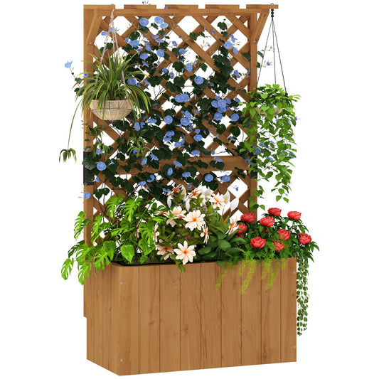 Photo of Outsunny Wooden Planter with Trellis, Freestanding Raised Garden Bed with Drainage Holes, Outdoor Planter Box with Liner for Vegetables, Herbs and Flowers, Natural in Natural colour on a white background