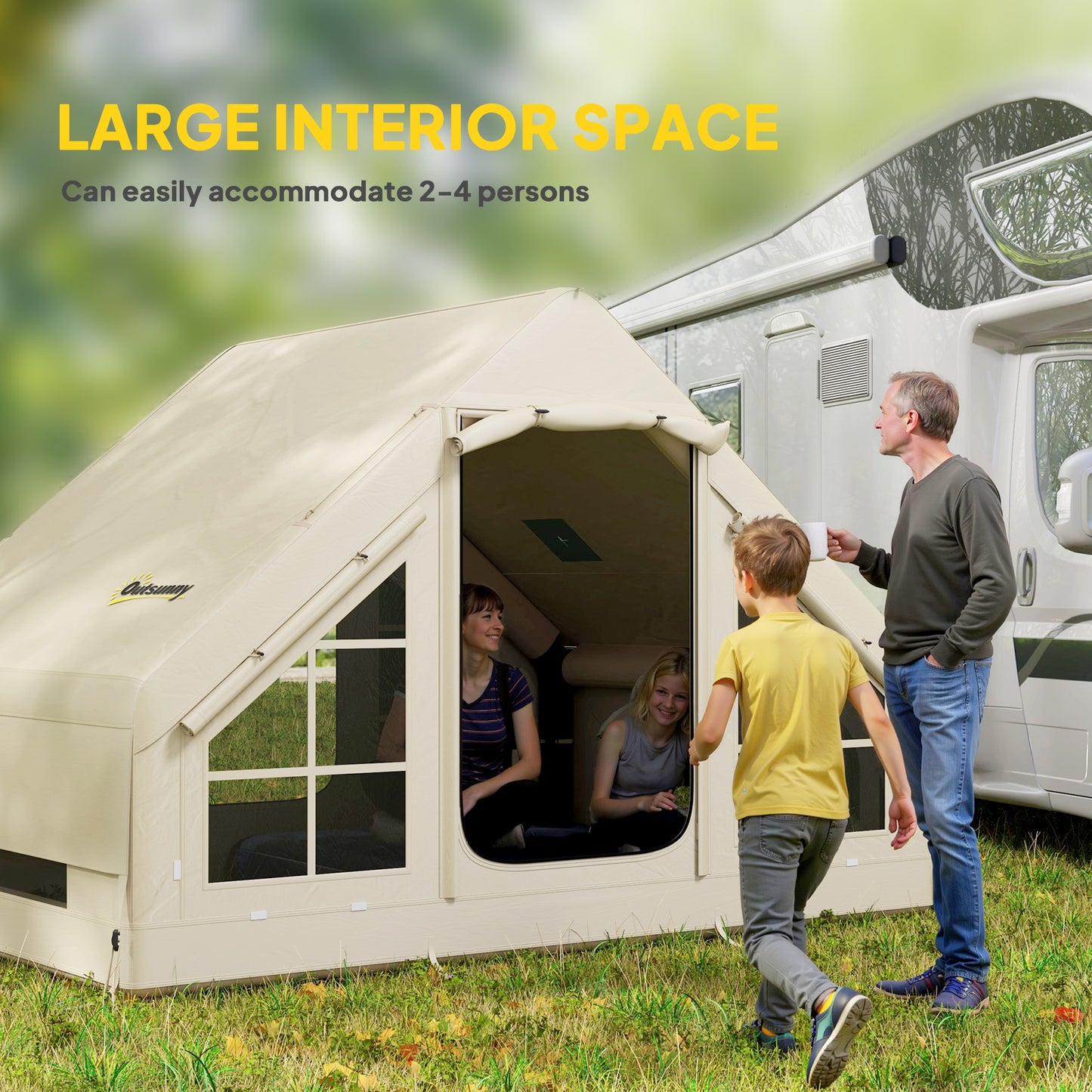 Outsunny Inflatable Camping Tent with Pump, Stove Jack Hole, Easy Setup 2-4 Person Family Blow Up Tent, Waterproof Glamping Luxury Inflatable Tent, Mesh Windows, Doors, Hook, Carry Bag, Beige