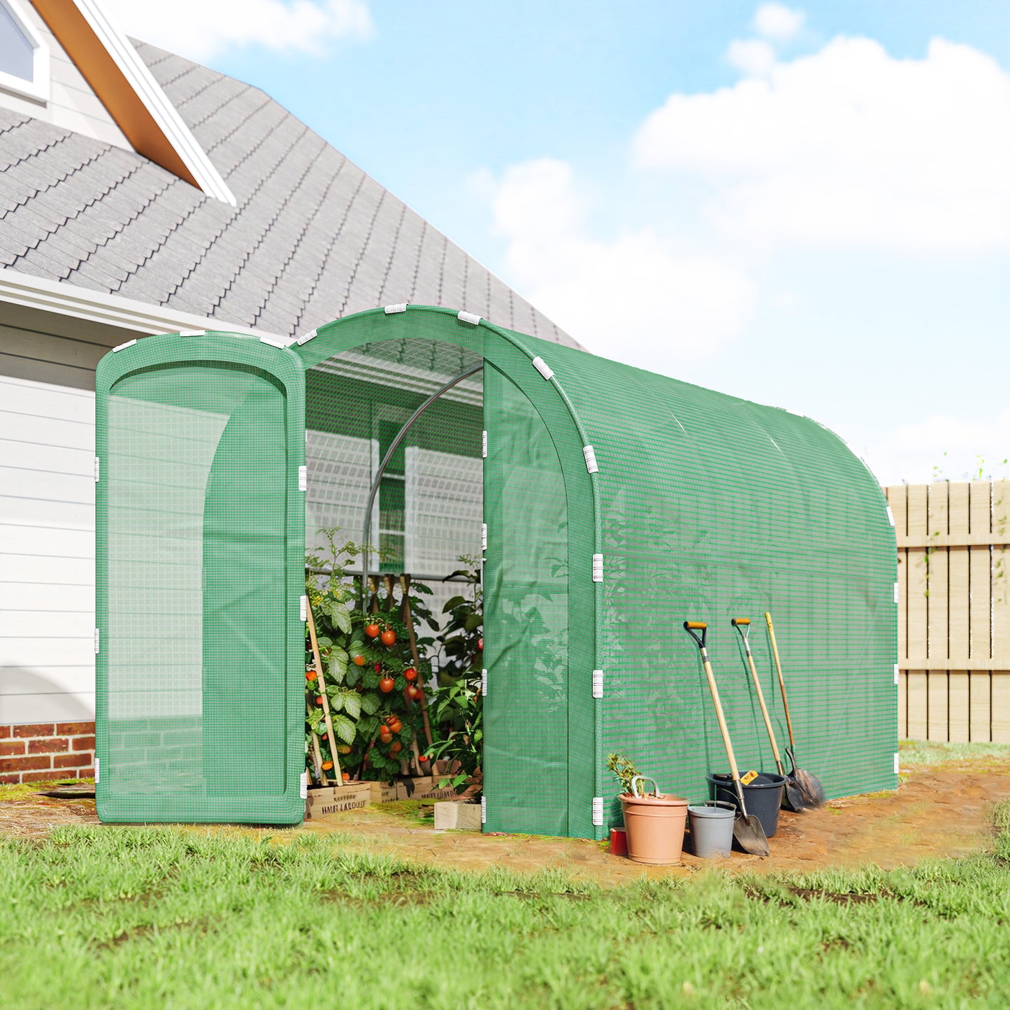 Photo of Outsunny 3 x 2 x 2m Polytunnel Greenhouse with Hinged Door, Walk-in Grow House Tent with PE Cover and Galvanised Steel Frame, Green in Green colour on a white background