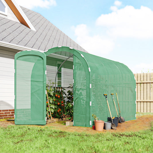 Photo of Outsunny 3 x 2 x 2m Polytunnel Greenhouse with Hinged Door, Walk-in Grow House Tent with PE Cover and Galvanised Steel Frame, Green in Green colour on a white background