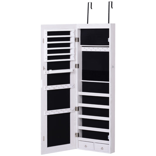 Photo of HOMCOM Jewelry Cabinet with Mirror and LED Lights, Lockable Makeup Cosmetics Jewellery Organiser, Mirror with Storage for Bedroom Dressing Room, White in White colour on a white background