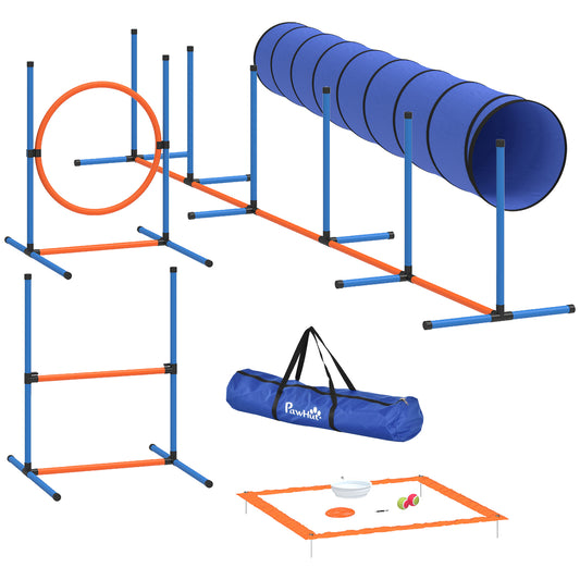 Photo of PawHut Dog Agility Equipment, 8PCS Agility Training Set with Tunnel, Weave Poles, Adjustable Hurdles, Jump Ring in Ring colour on a white background