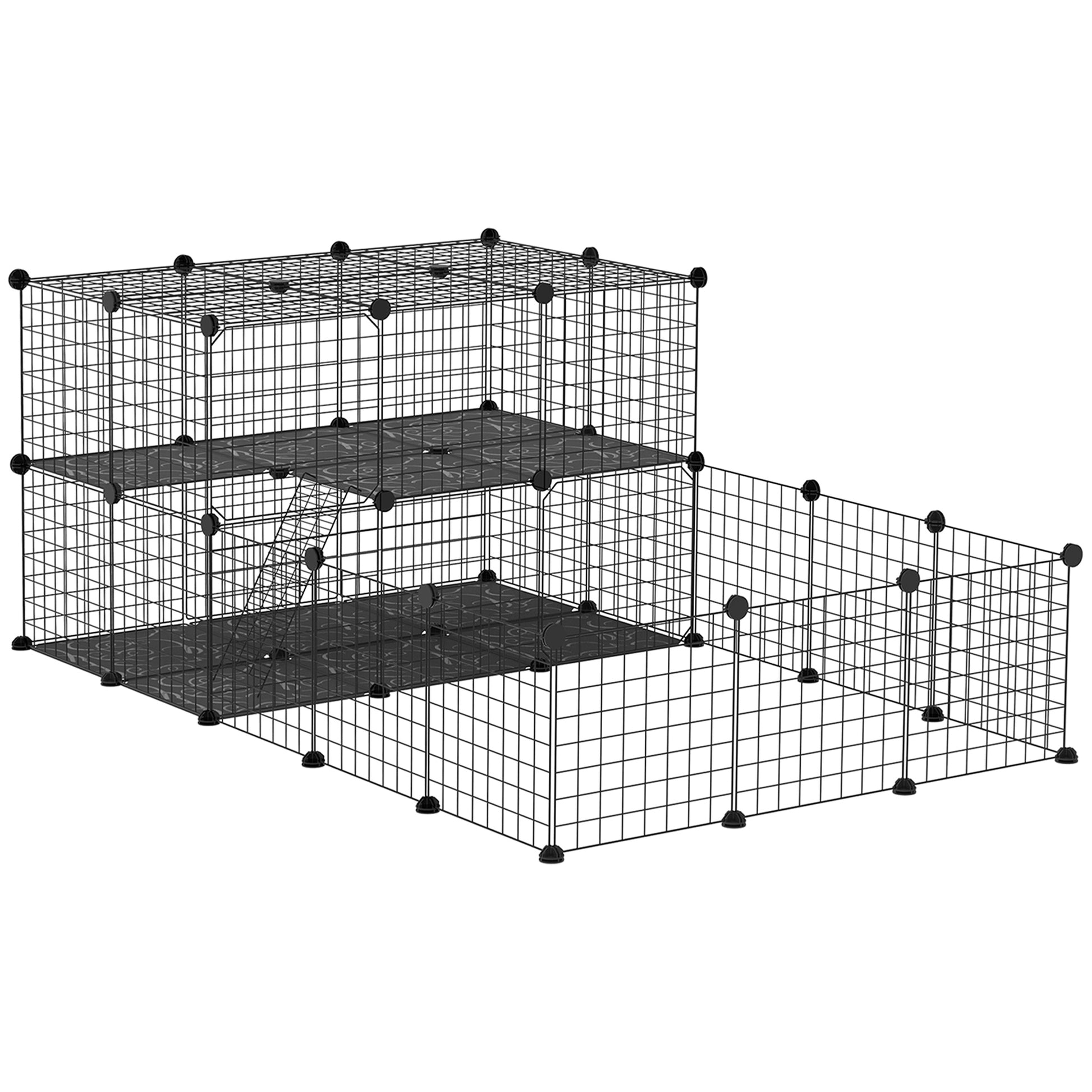 Photo of PawHut Pet Playpen with Door, Guinea Pigs Metal Mesh Cage for Small Animal, Chinchilla, 175 x 105 x 70 CM, Black in Black colour on a white background