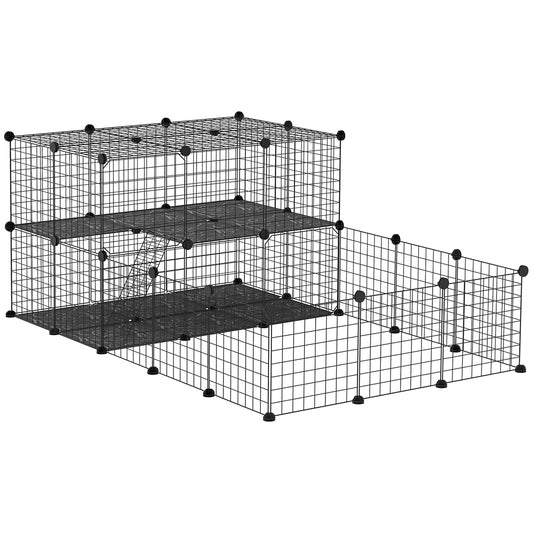 Photo of PawHut Pet Playpen with Door, Guinea Pigs Metal Mesh Cage for Small Animal, Chinchilla, 175 x 105 x 70 CM, Black in Black colour on a white background