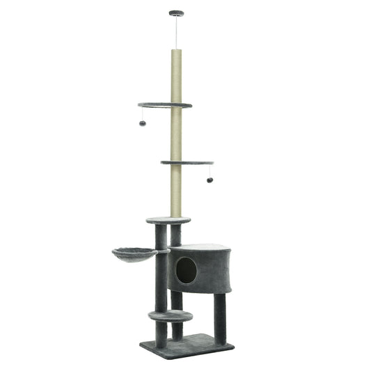 Photo of PawHut Floor to Ceiling Cat Tree for Indoor Cats Play Tower Climbing Activity Center Scratching Post Platforms Condo Adjustable Height 220-265cm Dark Grey in Grey colour on a white background