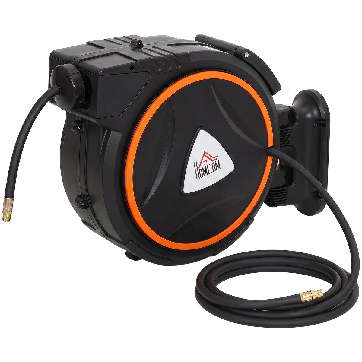 Photo of HOMCOM Auto Rewind Hose Reel, Retractable Air Hose Reel 20 m and 2 m, 150 Bar with 1/4" BSPT Connector, Black in Black colour on a white background