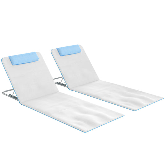 Photo of Outsunny Set of 2 Foldable Garden Beach Chair Mat, Lightweight Outdoor Sun Lounger Seats with Adjustable Back, Metal Frame, PE Fabric Head Pillow and Carry Bag, Cream White in White colour on a white background