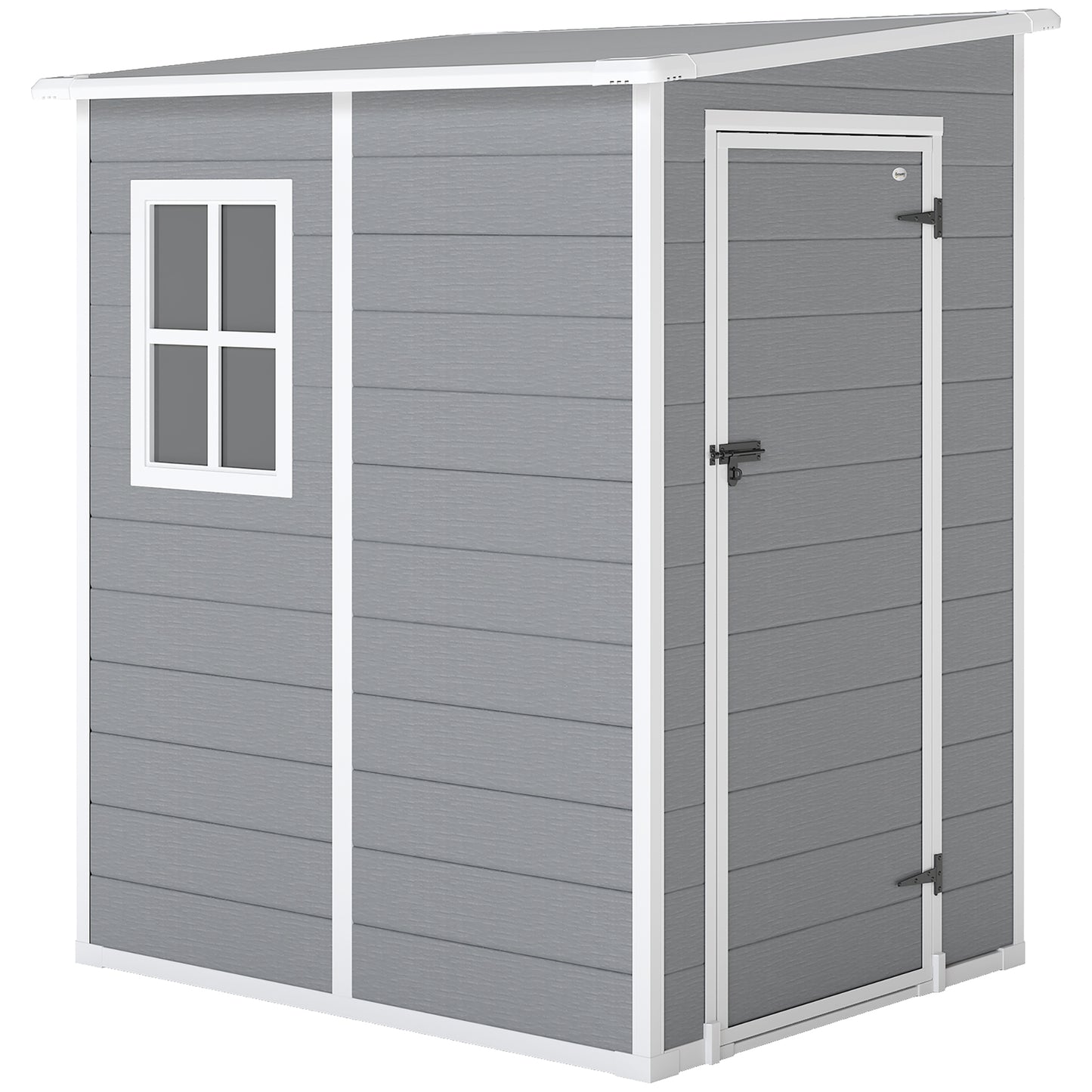 Photo of Outsunny 4'x5' Garden Storage Shed, Lean to Shed, Lockable Garden Shed with Window, Vent and Plastic Roof, Grey in Grey colour on a white background