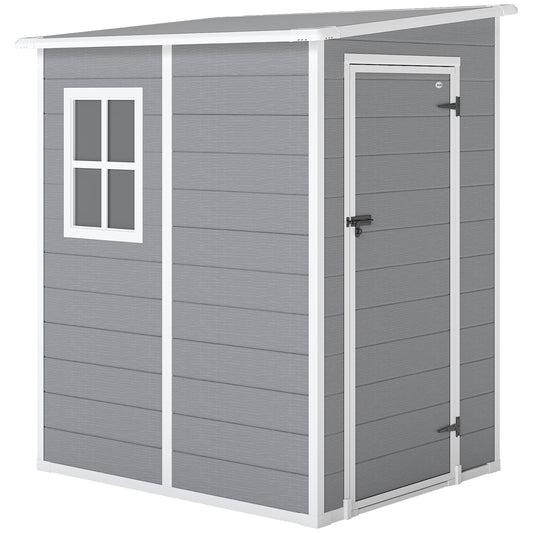 Photo of Outsunny 4'x5' Garden Storage Shed, Lean to Shed, Lockable Garden Shed with Window, Vent and Plastic Roof, Grey in Grey colour on a white background
