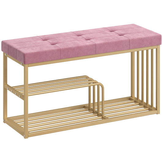 Photo of HOMCOM Bench and Shoe Storage, Tufted Shoe Storage Bench with Velvet Seat Cushion Gold Steel Frame for Entryway, Pink in Pink colour on a white background