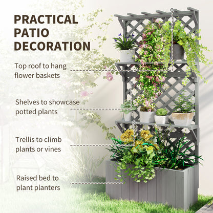 Outsunny grey wooden planter with trellis, shelves, hanging baskets and climbing plants