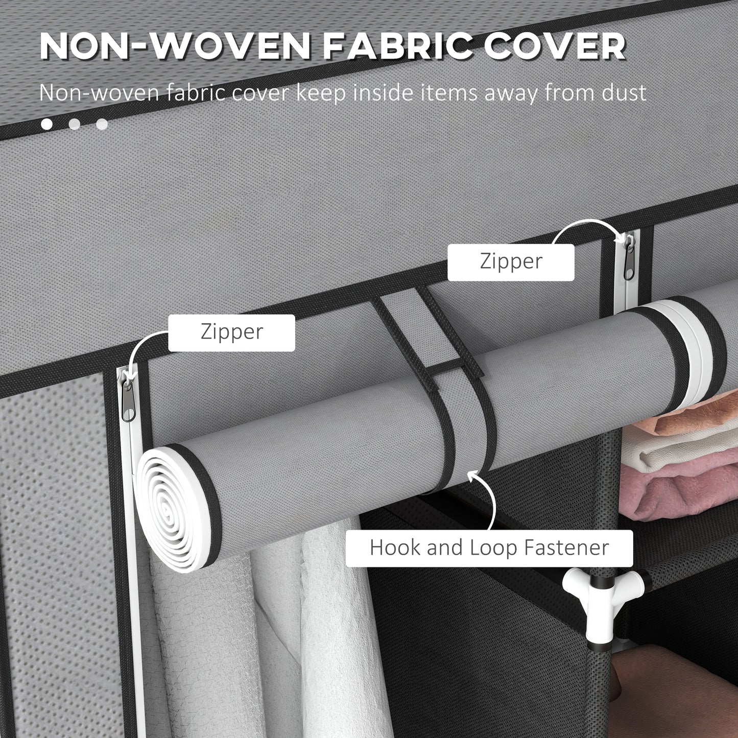 HOMCOM Foldable Fabric Wardrobe for Bedroom, Portable Wardrobe with 5 Shelves, 2 Hanging Rails and 3 Fabric Drawers, Dark Grey