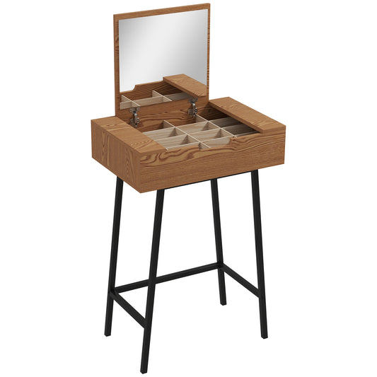 Photo of HOMCOM Vanity Desk with Flip-Up Mirror, Industrial Dressing Table with 16 Small Compartments for Bedroom, Natural Wood Effect in Effect colour on a white background