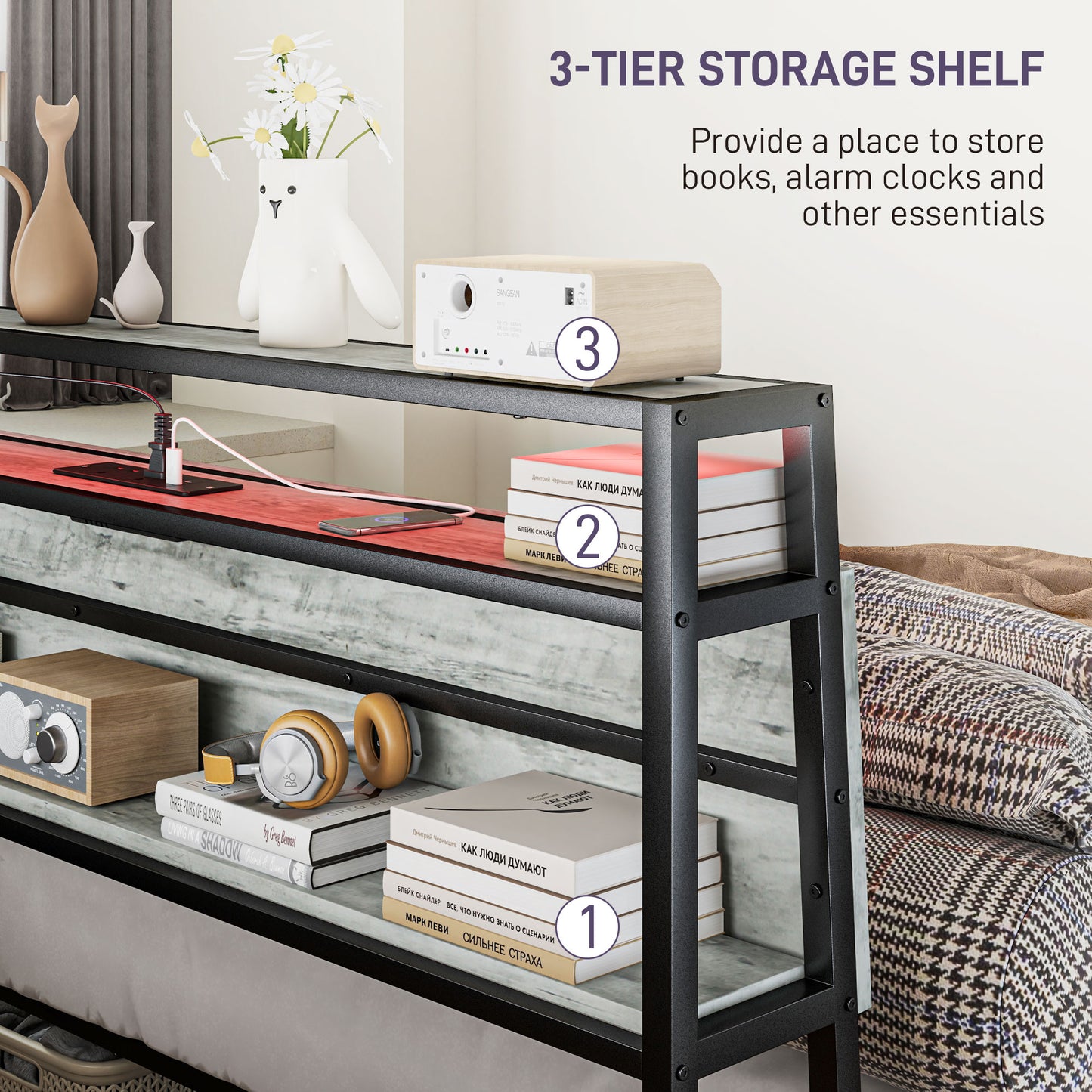 HOMCOM Double Steel Bed Frame, with LED Lights and Shelf - Grey