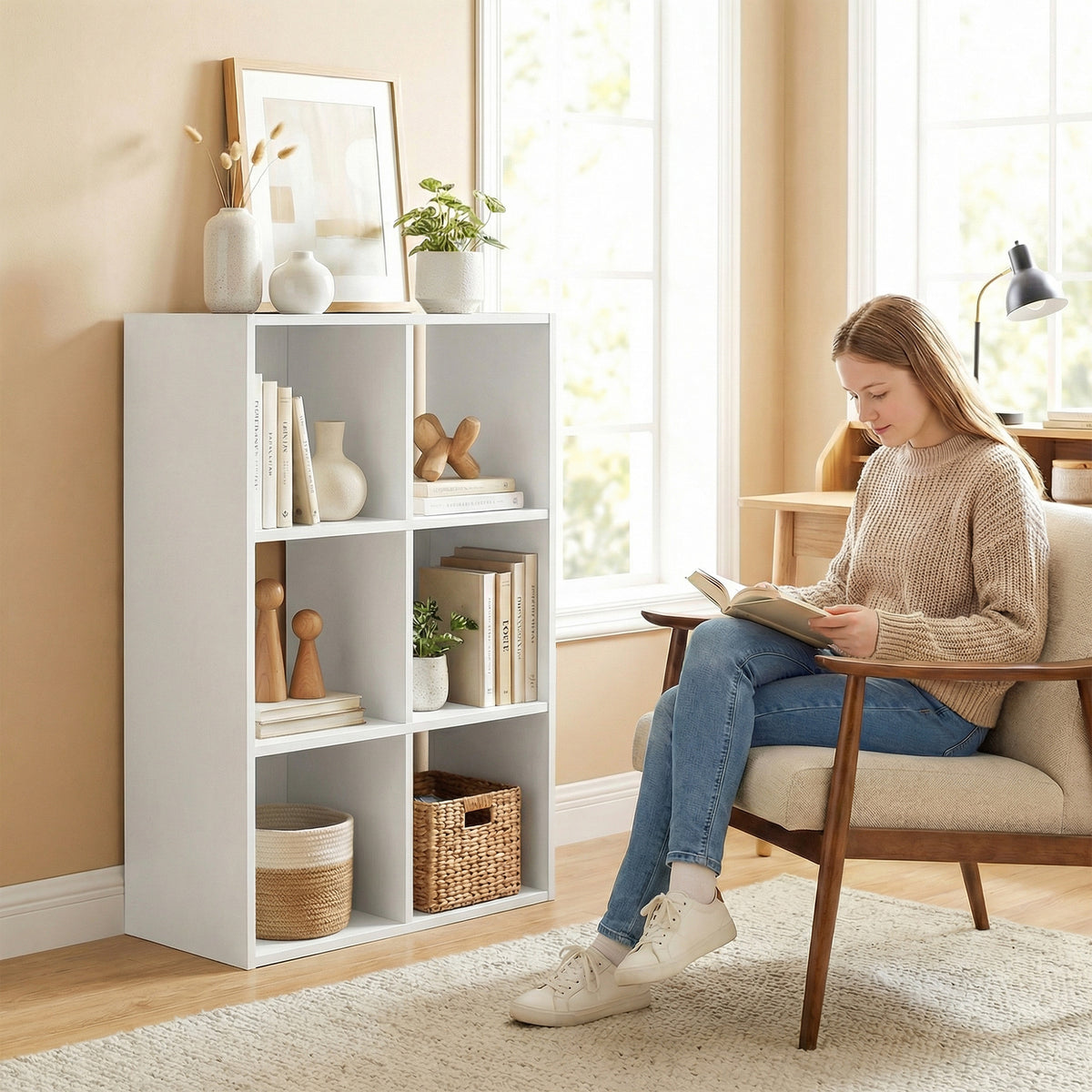 HOMCOM Industrial Style Storage Shelf, Bookcase, Bookshelf with 6 Compartments, for Living Room, Home Study, White Wood Effect