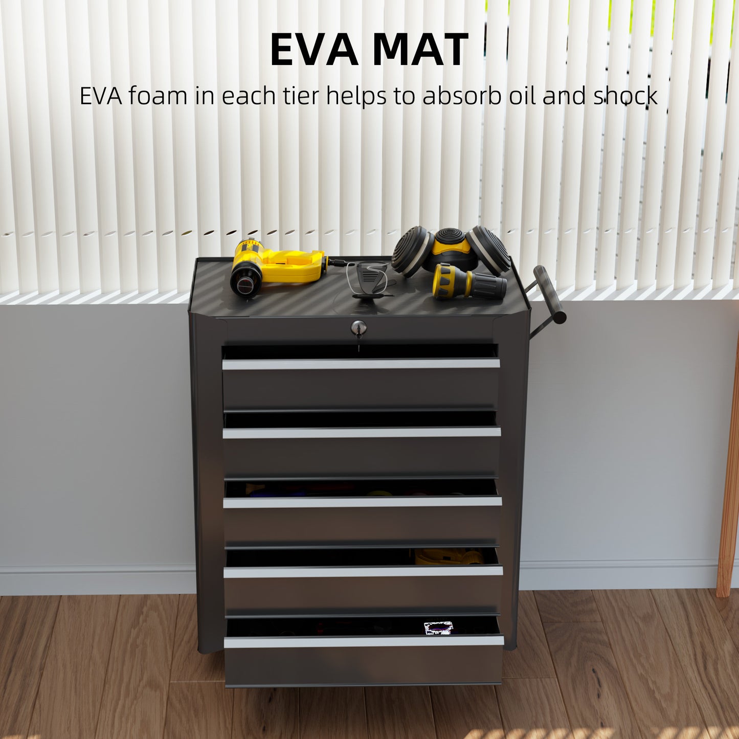 HOMCOM 5-Drawer Tool Chest with Wheels, Steel Lockable Tool Storage Cabinet with Handle, 2 Keys for Garage, Workshop, Black
