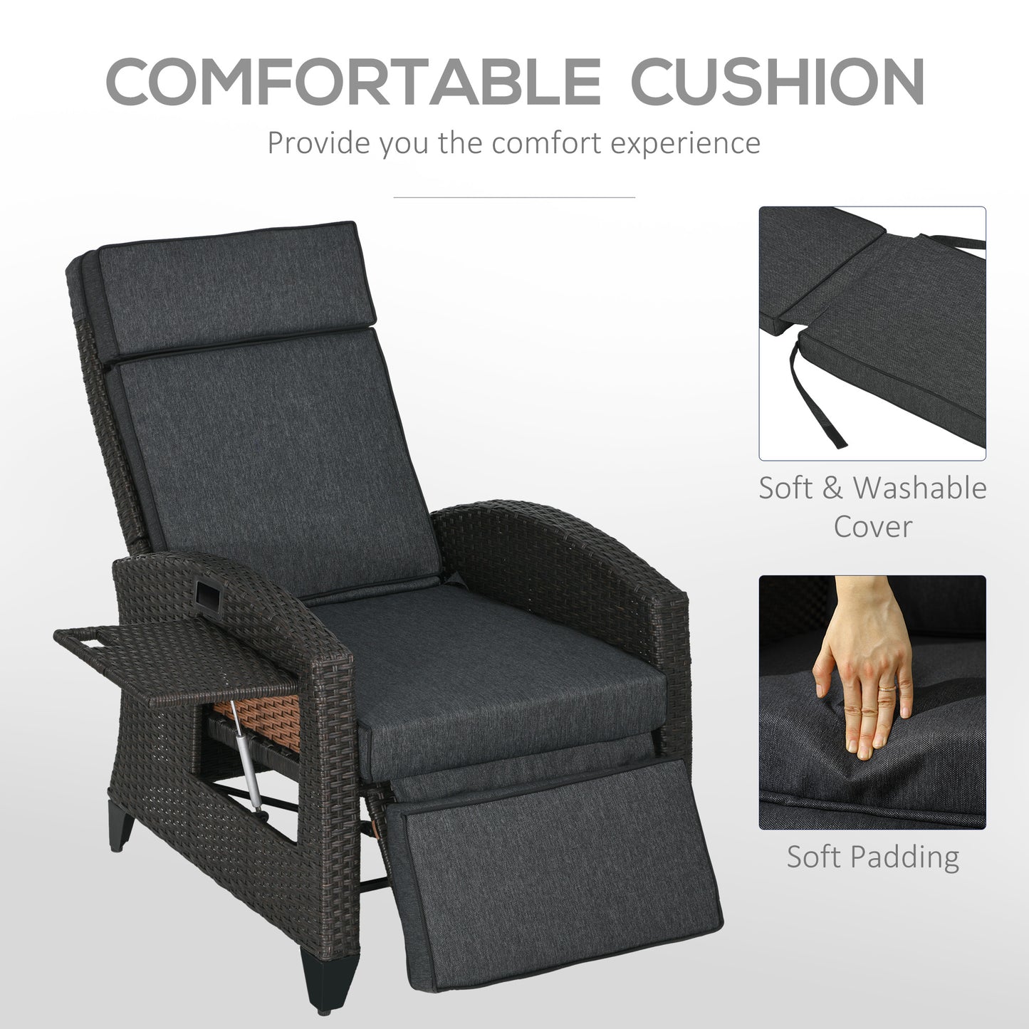 Outsunny Outdoor Recliner Chair with Adjustable Backrest and Footrest, Cushion, Side Tray, Dark Grey/Brown