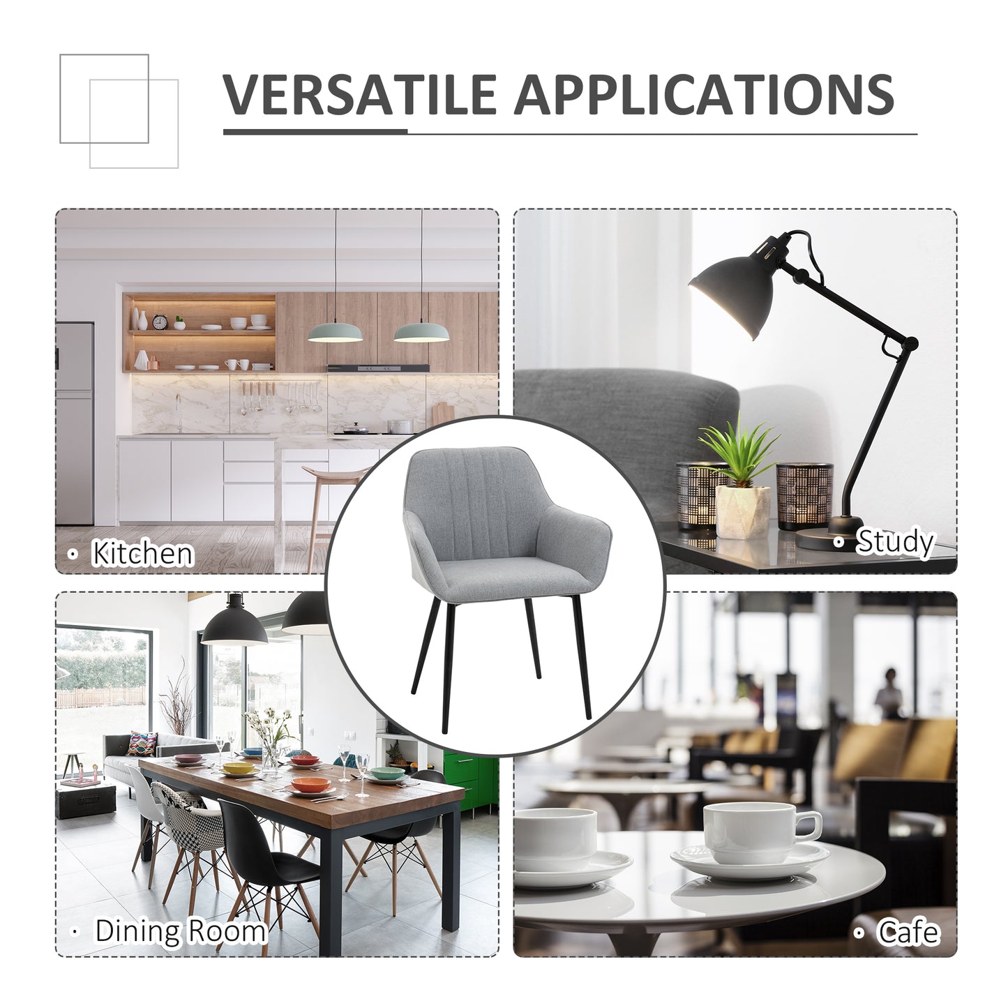 HOMCOM Dining Chairs Set of 2, Upholstered Linen Fabric Kitchen Chairs with Metal Legs for Living Room Dining Room, Light Grey