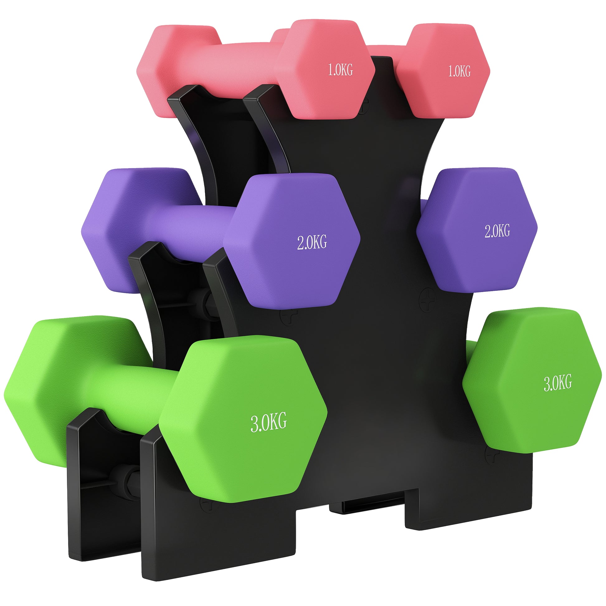 Photo of SPORTNOW Hex Dumbbells Set with Dumbbell Rack, Hand Weights for Strength Training Weight Lifting,  2 x 1kg, 2 x 2kg, 2 x 3kg in 3kg colour on a white background