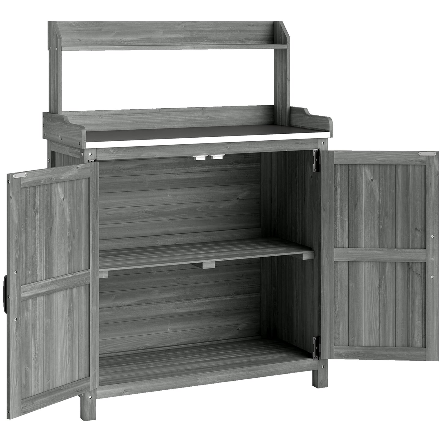 Photo of Outsunny Wooden Potting Bench Table with Aluminium Worktop, Outdoor Garden Workbench with Top Shelf and Cabinet Storage in Storage colour on a white background