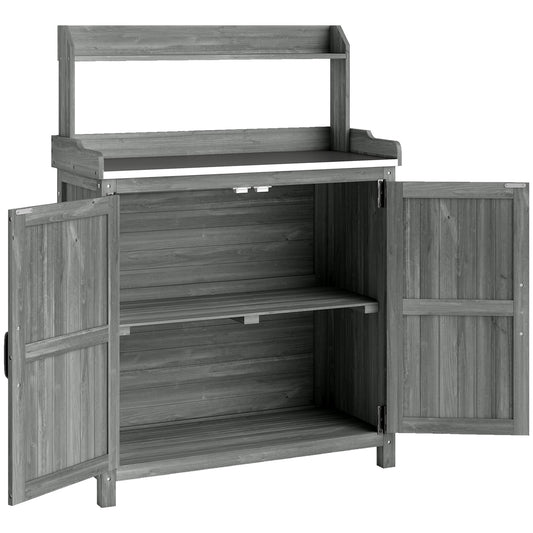 Photo of Outsunny Wooden Potting Bench Table with Aluminium Worktop, Outdoor Garden Workbench with Top Shelf and Cabinet Storage in Storage colour on a white background
