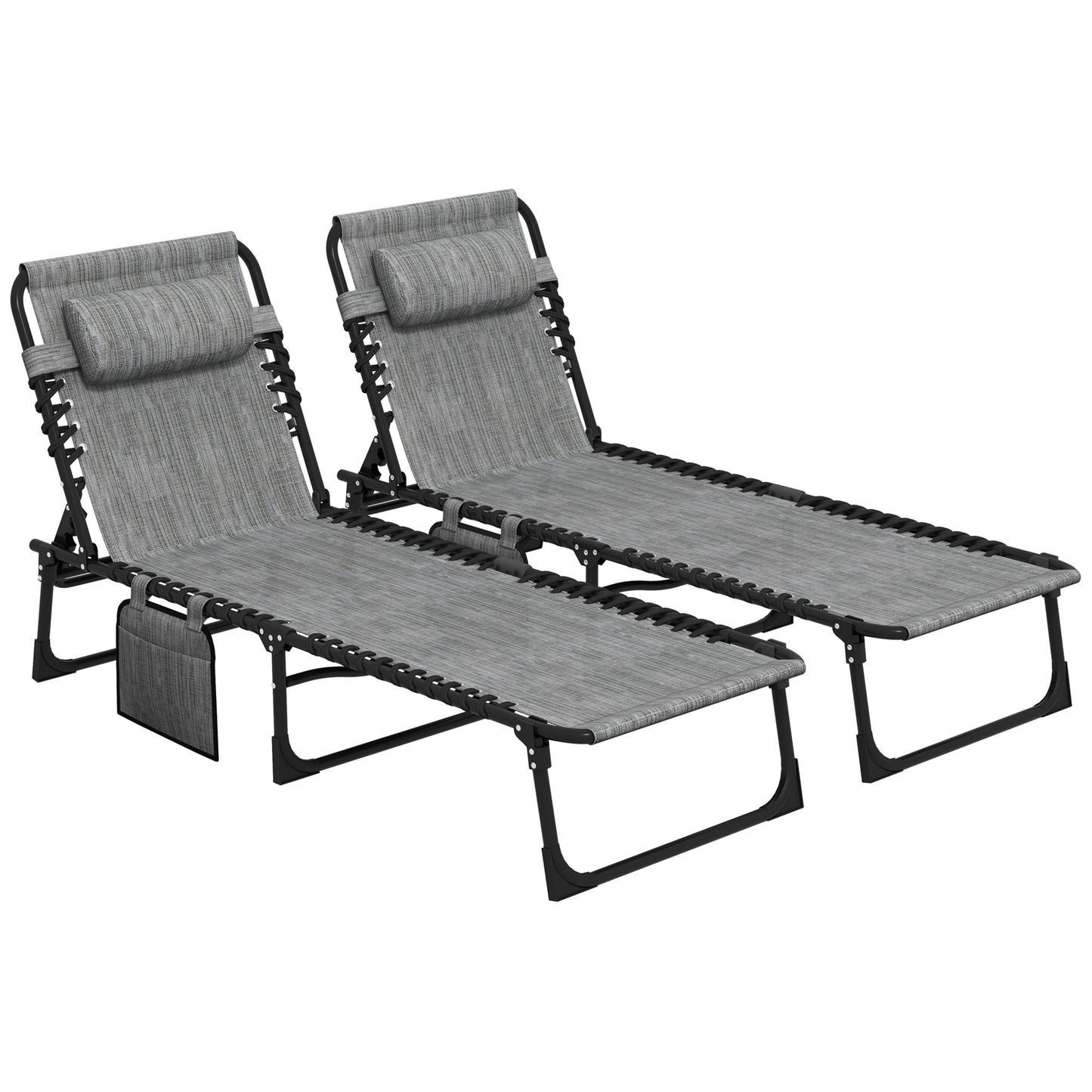Photo of Outsunny Portable Sun Lounger Set of 2, Folding Camping Bed Cot, Reclining Lounge Chair 5-position Adjustable Backrest with Side Pocket, Pillow for Patio Garden Beach Pool, Mixed Grey in Grey colour on a white background
