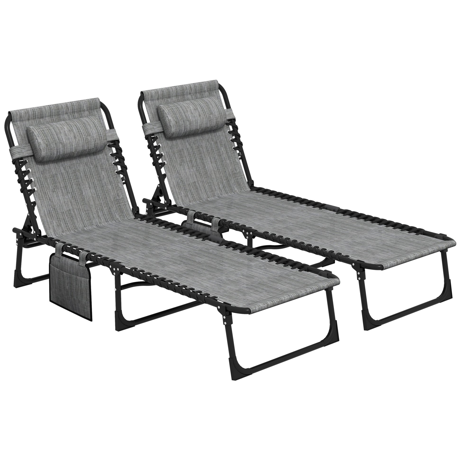 Photo of Outsunny Portable Sun Lounger Set of 2, Folding Camping Bed Cot, Reclining Lounge Chair 5-position Adjustable Backrest with Side Pocket, Pillow for Patio Garden Beach Pool, Mixed Grey in Grey colour on a white background