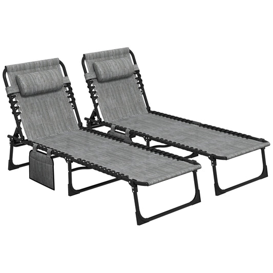 Photo of Outsunny Portable Sun Lounger Set of 2, Folding Camping Bed Cot, Reclining Lounge Chair 5-position Adjustable Backrest with Side Pocket, Pillow for Patio Garden Beach Pool, Mixed Grey in Grey colour on a white background