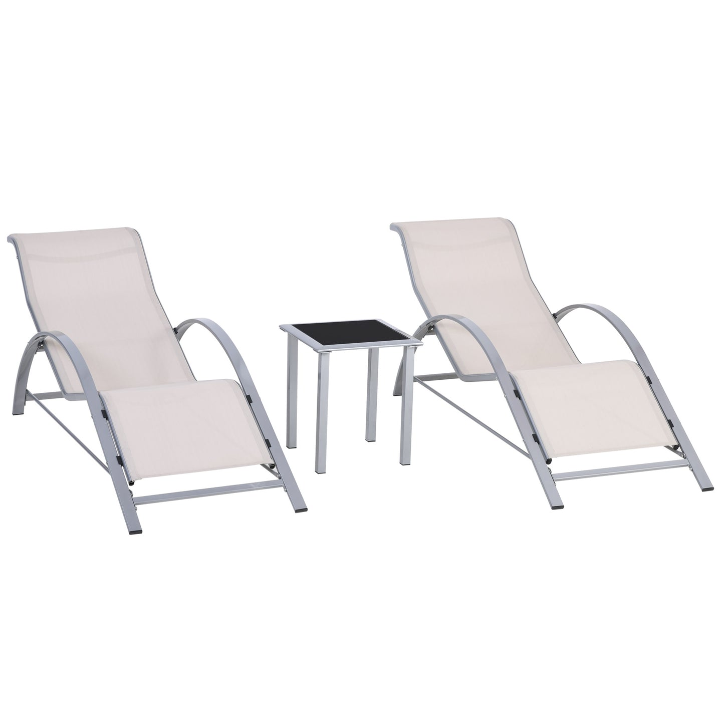 Photo of Outsunny 3 Pieces Lounge Chair Set Metal Frame Garden Outdoor Recliner Sunbathing Chair with Table, Cream in Cream colour on a white background