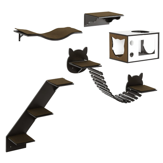 Photo of PawHut 5 Piece Cat Wall Shelves, Wall-Mounted Cat Tree for Indoor Use - Brown in Brown colour on a white background