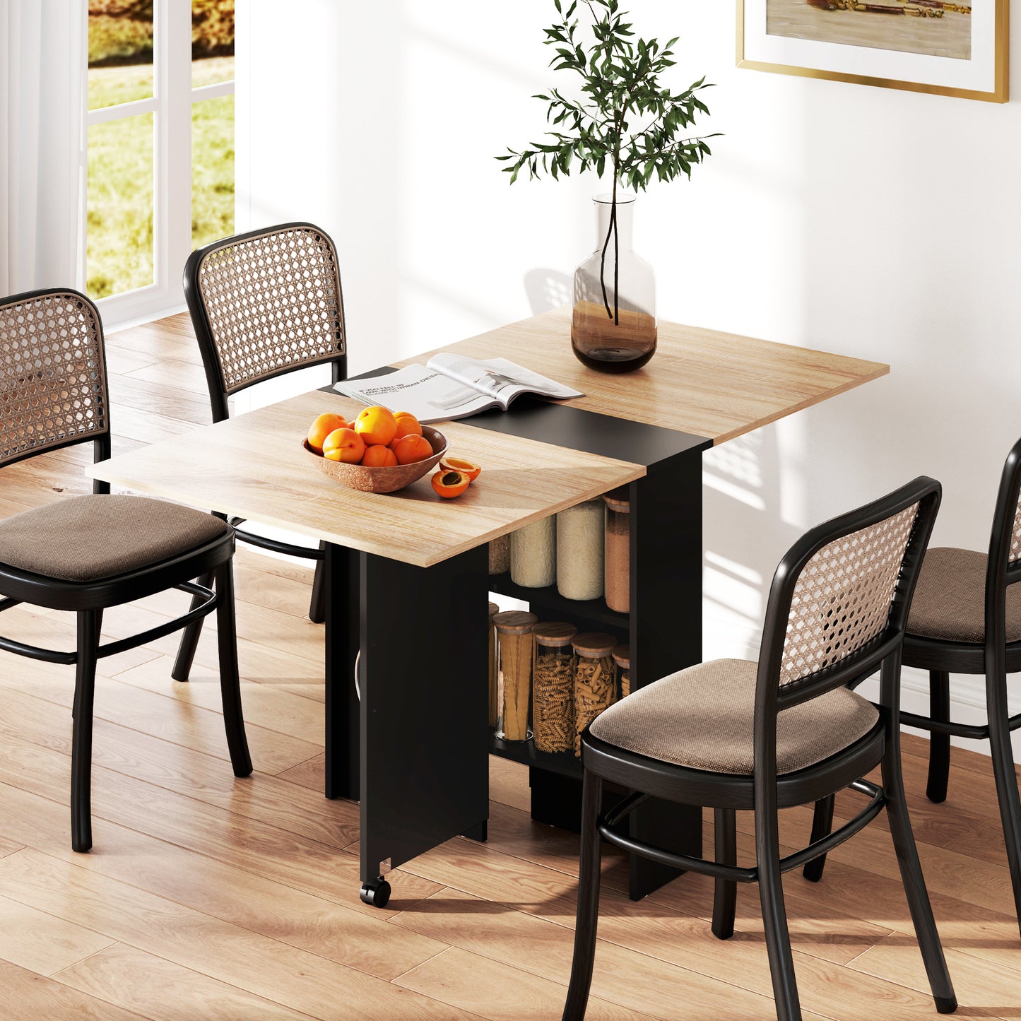 HOMCOM 80-140 cm Folding Dining Table for 4-6 People, Drop Leaf Table with 2-Tier Shelves, Rolling Casters, for Small Spaces, Kitchen, Flat, Dining Room, Oak and Black