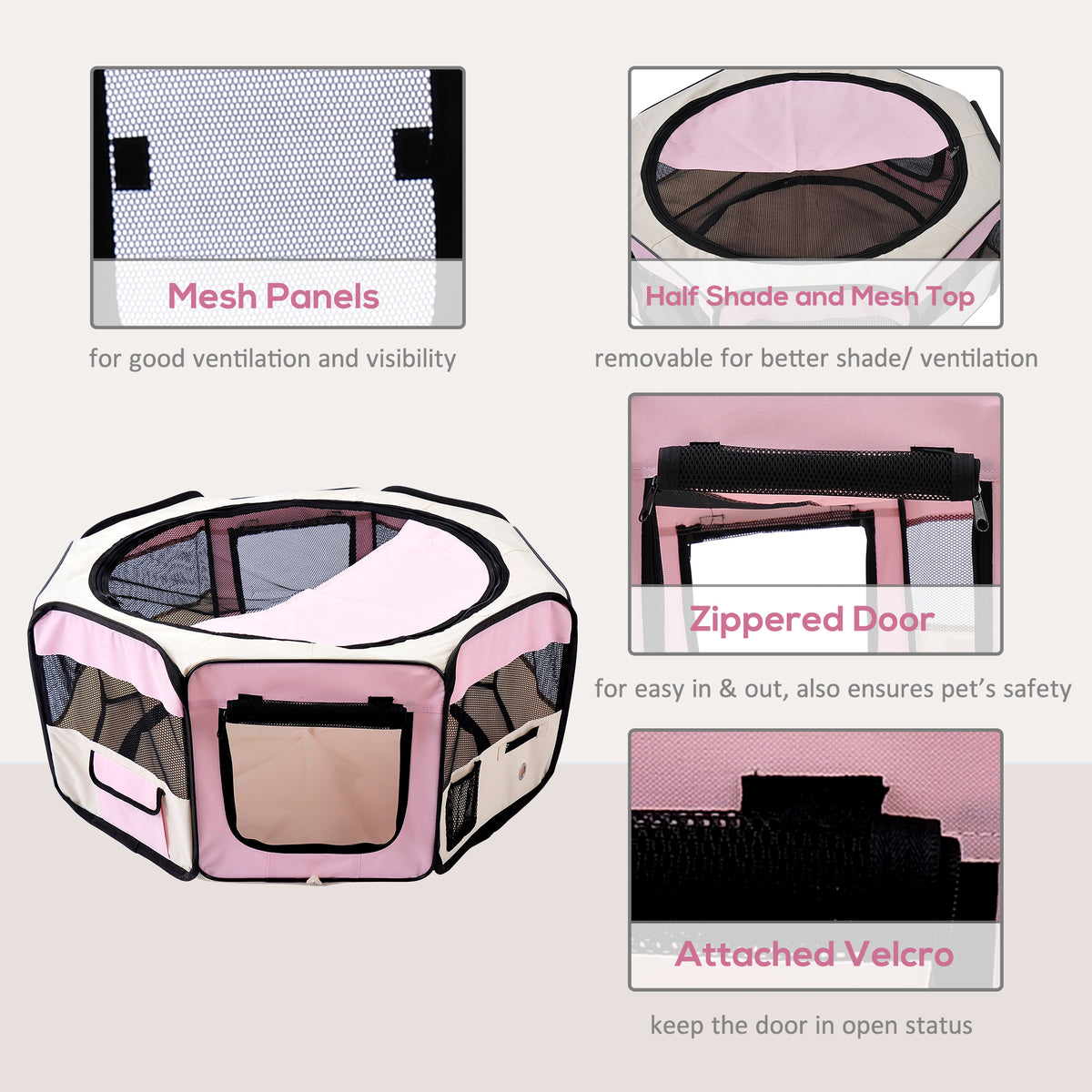 PawHut 600D Oxford Soft Fabric Kennel, Portable Lightweight Cat Dog Playpen, Foldable Pet Puppy Rabbit Guinea Pig Pen Run Dia 90 x 41H cm Indoor & Outdoor Pink