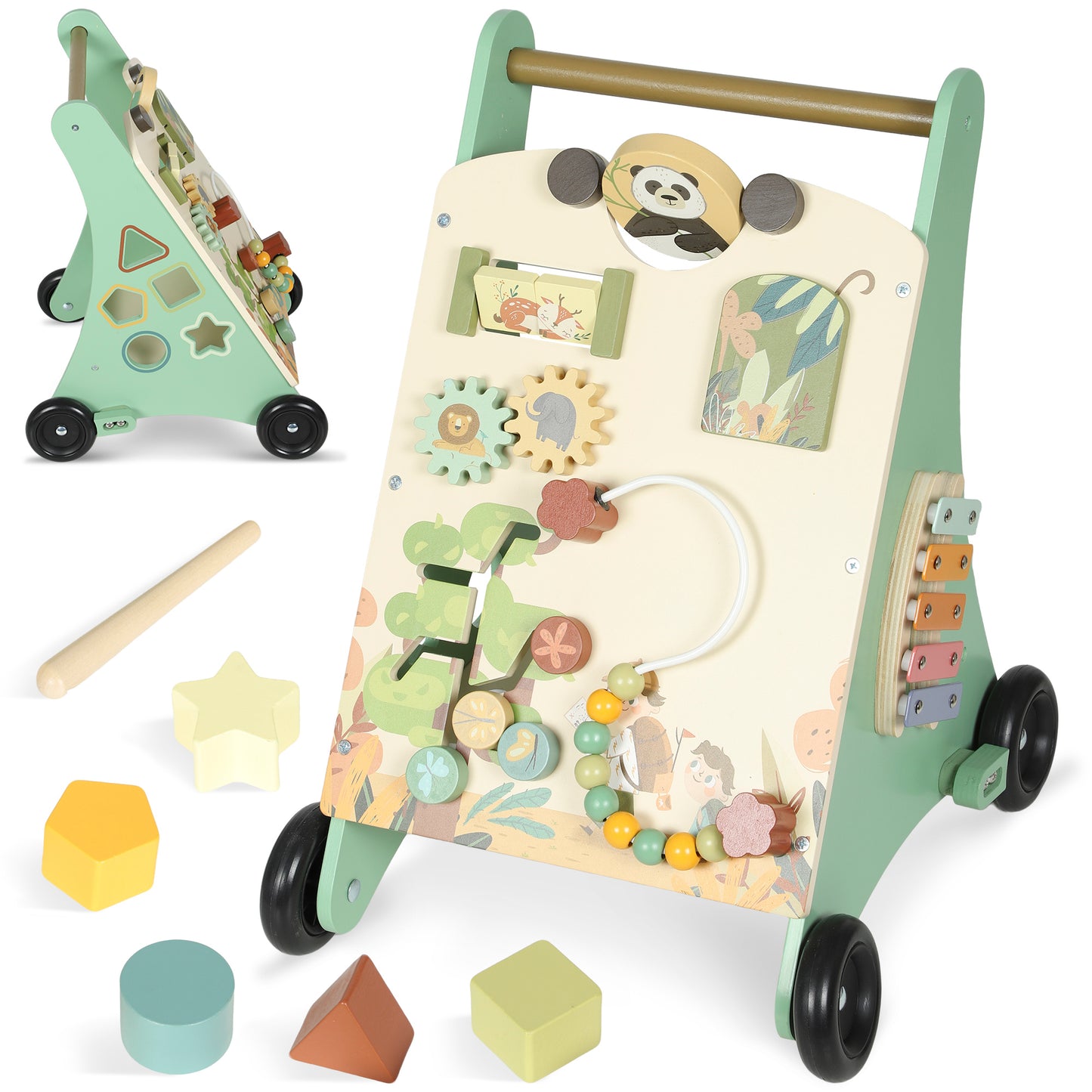 Photo of AIYAPLAY Wooden Baby Walker, Push Along Walker Toys with Speed Control, Xylophone, gears and Bead Maze, Green in Green colour on a white background