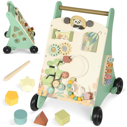 Photo of AIYAPLAY Wooden Baby Walker, Push Along Walker Toys with Speed Control, Xylophone, gears and Bead Maze, Green in Green colour on a white background
