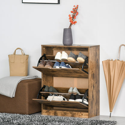 Rustic brown shoe cabinet with two flip drawers holding assorted shoes.