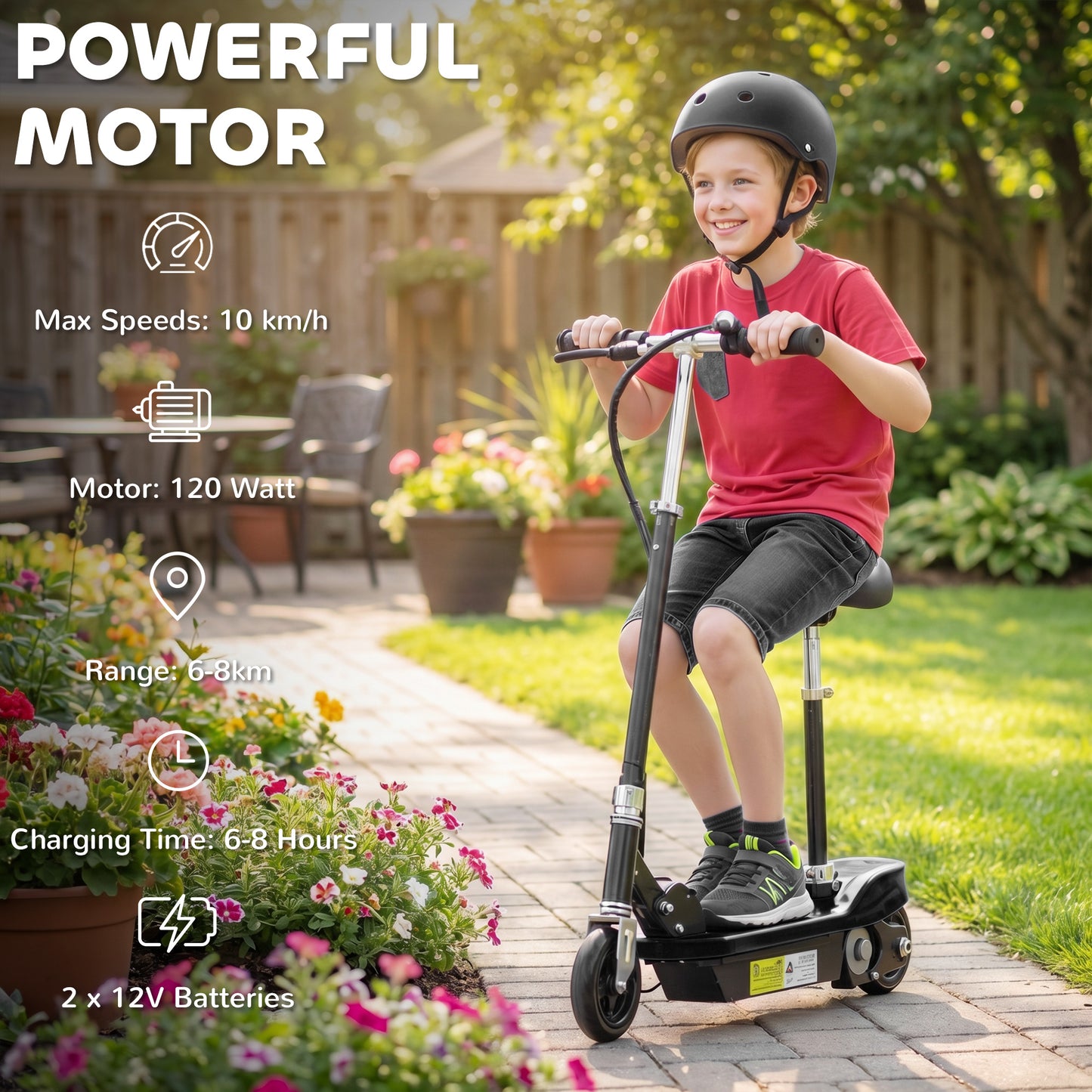 HOMCOM Powered Electric Scooter Ride-On, with Brakes, Adjustable Seat, Adjustable Handlebars, Black