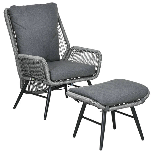 Photo of Outsunny String Rattan Armchair and Footstool Set, with Cushions - Grey in Grey colour on a white background