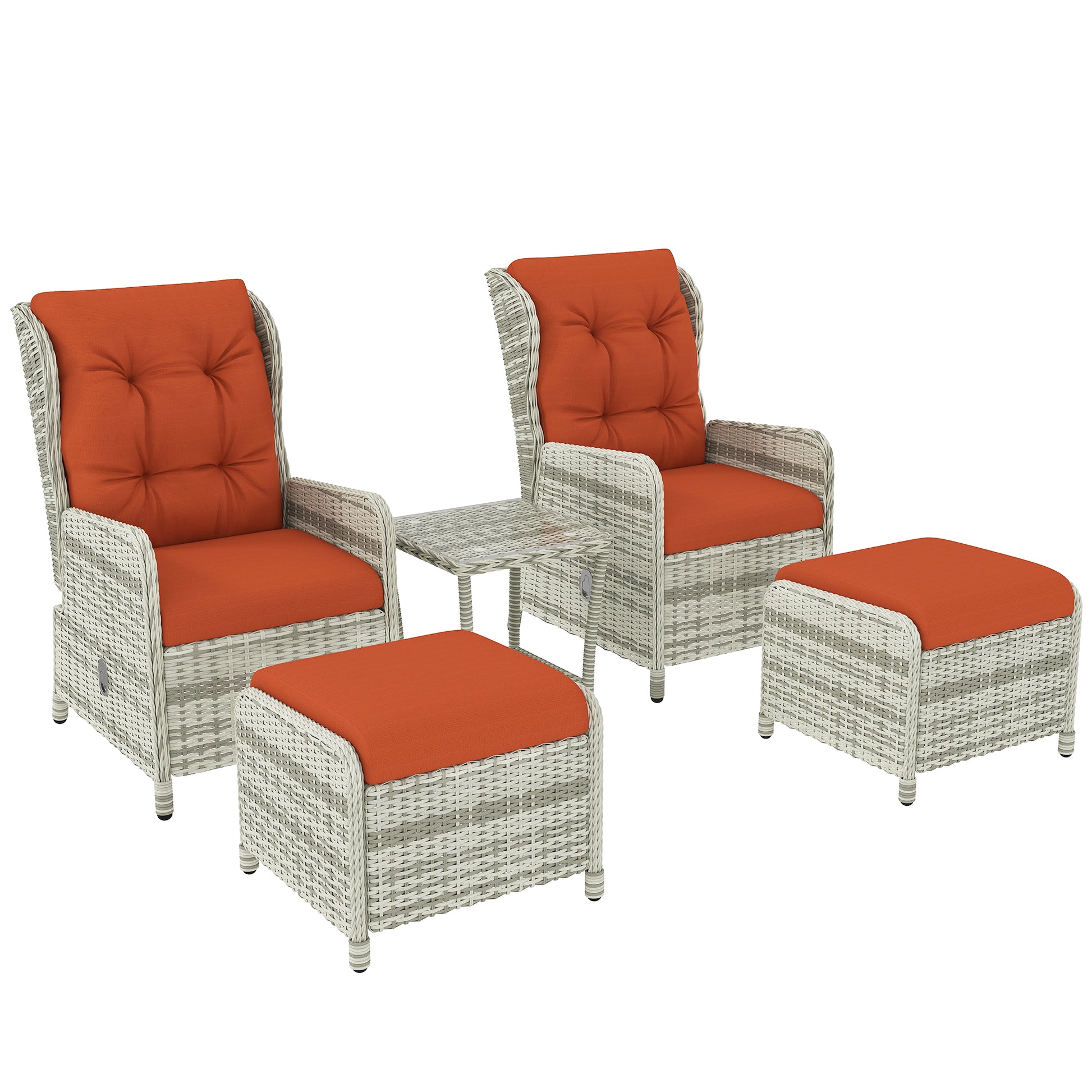 Photo of Outsunny 5 Pieces Rattan Bistro Set with Adjustable Back, Reclining Wicker Balcony Furniture with Cushions, Glass Top Coffee Table and Footstools, Outdoor Table and Chairs, Orange in Orange colour on a white background
